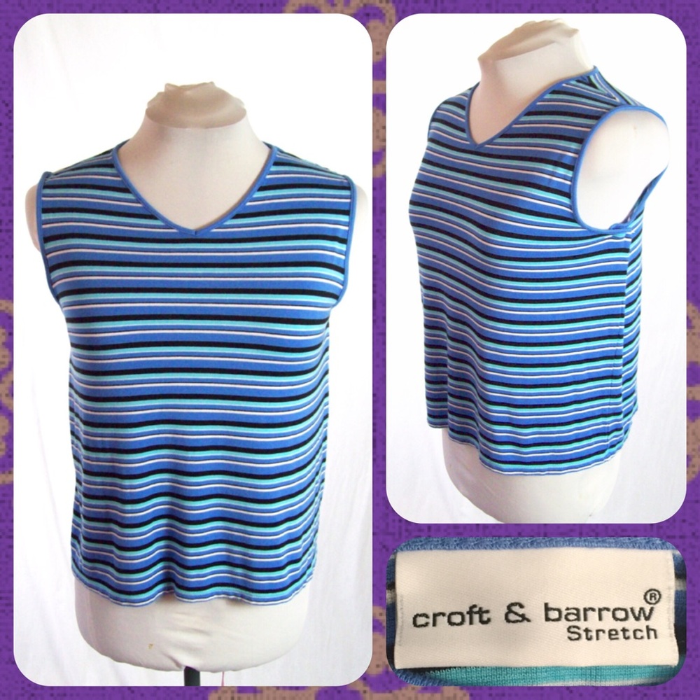 CROFT & BARROW Sleeveless Striped Blue Casual V-Neck Top Plus Size XL or 14/16